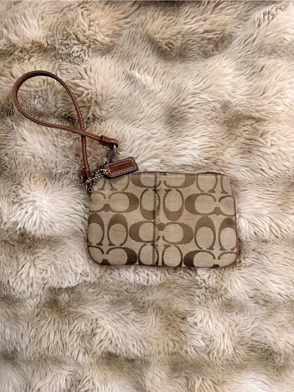COACH Signature C Khaki Brown Canvas Wristlet | Leather Trim